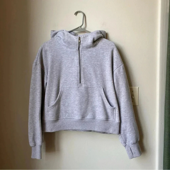 Scuba Neck Cropped Hoodie, Light Gray, Women’s Medium gray hoodie with pocket - Picture 1 of 13